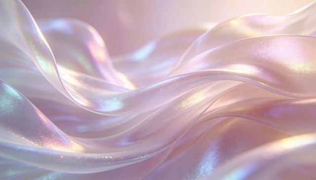 Iridescent pearlescent satin waves with micro-glitter bokeh, shimmering pastel silk folds