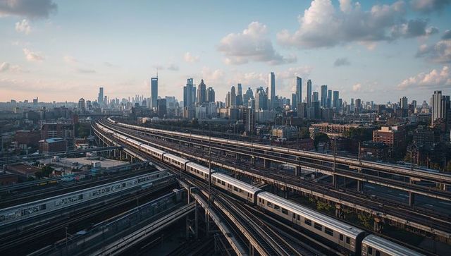 Snaking Silver Commuter Trains Leading Toward Sunlit Urban Skyline at Golden Hour