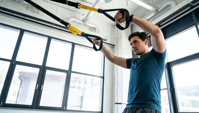 Male athlete performing trx suspension training near large industrial-style gym windows