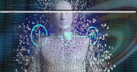 Futuristic ai interface with digital human and data processing symbols