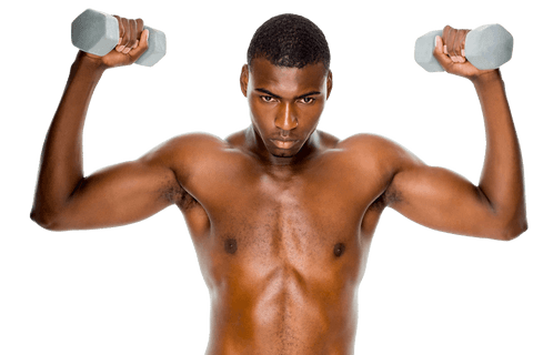 Transparent fit young man holding dumbbells with determination