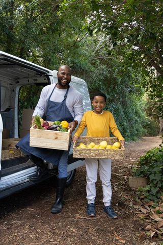 African american father and son harvesting fresh produce from van smiling in rural orchard