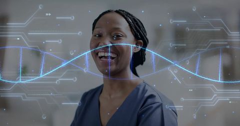 Smiling African American Female Doctor with Digital DNA Visualization