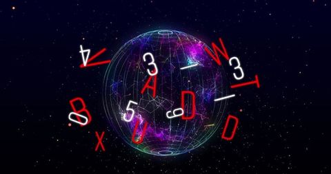 Digitally enhanced globe with floating letters and numbers