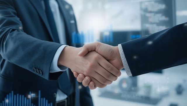 Business Pair Shaking Hands in Technology-Driven Office