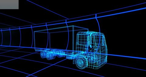 Futuristic wireframe truck in digital 3d environment