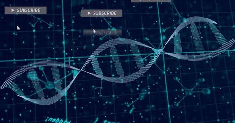 Dotted dna helix crossing digital grid with holographic data nodes and hud subscribe icons