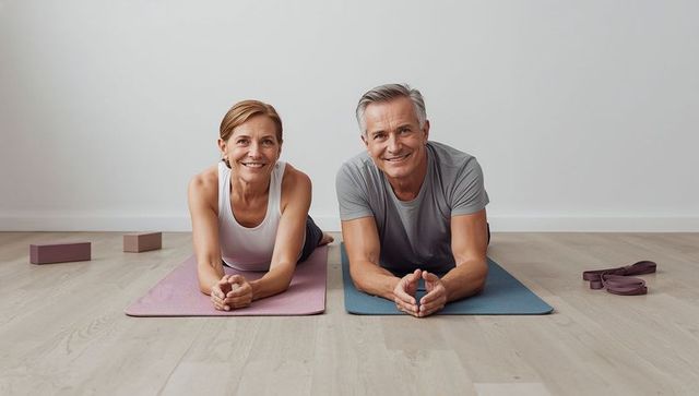 Mature couple doing forearm plank on yoga mats home practice for balance and strength