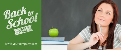 Thoughtful Woman Promoting Back to School Sale with Books and Apple