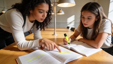 Two Students Collaborating over Textbooks with Yellow Highlighter on Sunlit Library Table