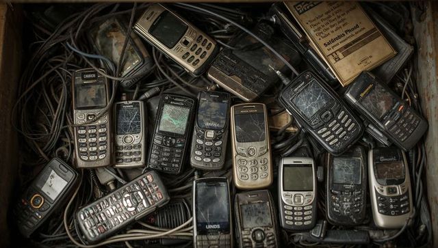 Stacking broken keypad mobile phones with tangled cables for e-waste and recycling concept
