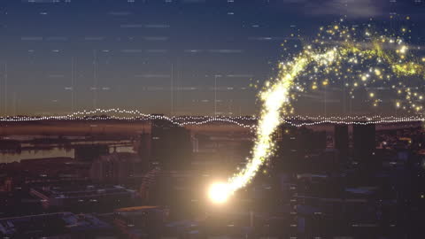 Digital Data Stream Illuminating Urban Night Skyline