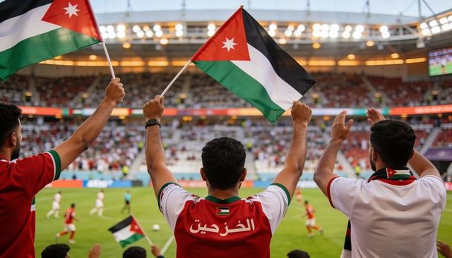 Jordanian football fans waving national flags and cheering under stadium floodlights