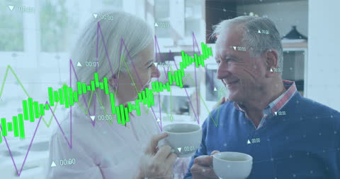 Senior Couple Enjoying Coffee with Financial Data Overlay