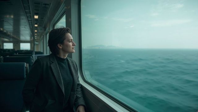 Contemplative woman gazing out ferry window at expansive teal sea during overcast voyage