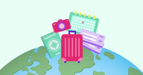 Colorful Travel Icons on Globe for Digital Adventure