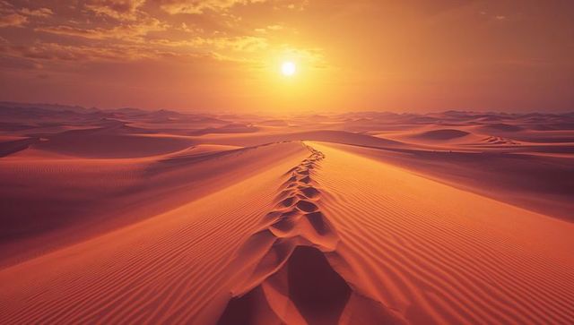 Sunset Over Expansive Desert Dunes with Footprints