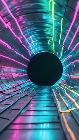 Gliding Through Neon-Lit Metallic Tunnel Toward Dark Aperture | Vertical Cinematic Loop