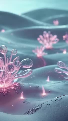 Vertical video panning across bioluminescent seabed revealing glowing coral clusters