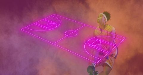 basketball player performing on court with vibrant neon overlay and dramatic smoke backdrop. energy encapsulated within dynamic fast-paced action inspired by modern digital technology. ideal for promoting sports events, enhancing athletic tech interfaces, emphasizing energy and enthusiasm.