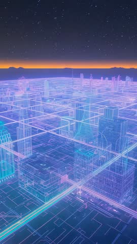 Rotating camera sweeping neon wireframe cityscape under starry sky with dawn glow