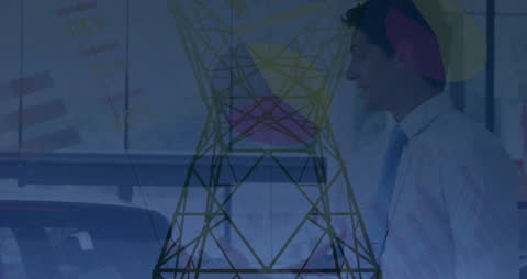 Engineer Examining Power Structure Amidst Graphic Overlays