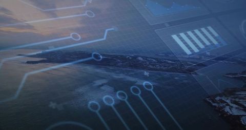 Isolated Rocky Island at Sunset with Futuristic Circuit Overlay