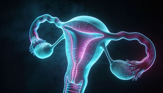 Neon glowing female reproductive anatomy highlighting uterus, ovaries, fallopian tubes
