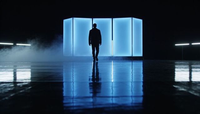 Walking silhouette approaching glowing blue panels on reflective floor, fog and neon lights
