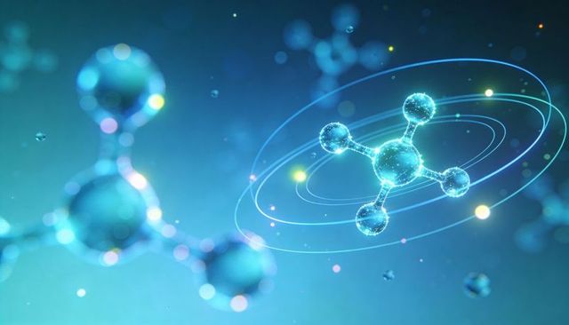Glowing molecular cluster orbiting in 3D nanotech visualization with orbital rings