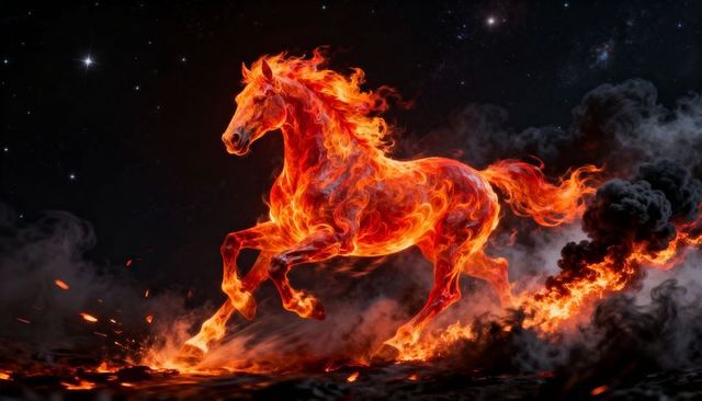 Galloping fire horse charging across scorched night plain with embers and smoke trail
