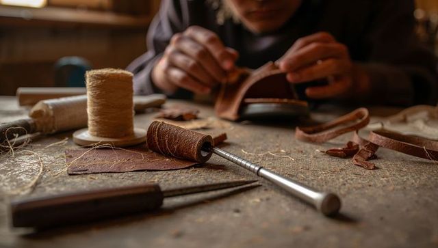 Leather craftsman hand stitching wallet on rustic workbench