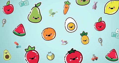 Colorful Animated Fruits and Vegetables on Blue Background