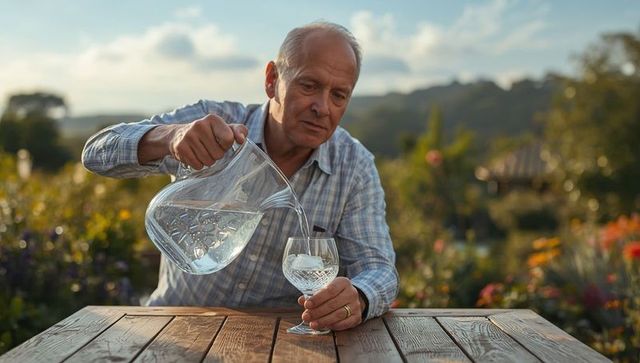 Senior Man Pouring Water into Glass in Tranquil Garden Setting