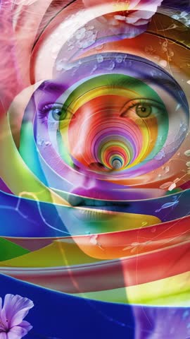 Unfolding Rainbow Spiral Revealing Feminine Face with Floral Overlays Vertical Abstract Video