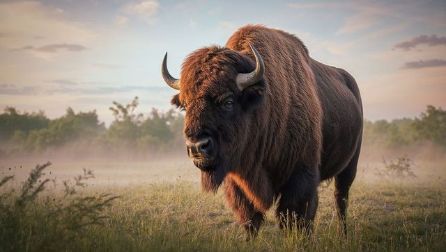 Majestic american bison standing in misty prairie at sunrise with curved horns