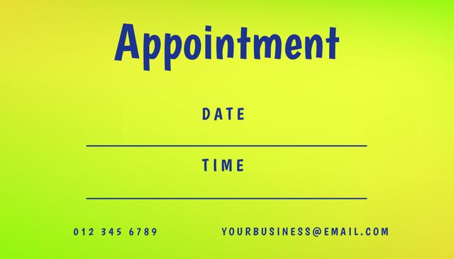 This colorful appointment reminder template with a bold 'Appointment' text and a vibrant yellow gradient background is ideal for business owners, office settings, and professional services. It includes fields for date, time, and contact information, making it an excellent tool for ensuring appointments are well-documented and organized. Perfect for creating personalized appointment cards or digital reminders.