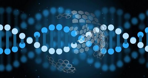 Futuristic DNA Double Helix Featuring Hexagonal Mesh and Blue Biotech Glow