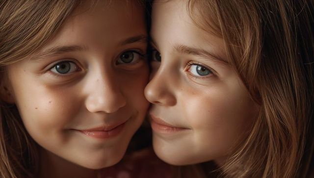 Two sisters leaning cheek-to-cheek smiling and gazing closeup in soft warm light