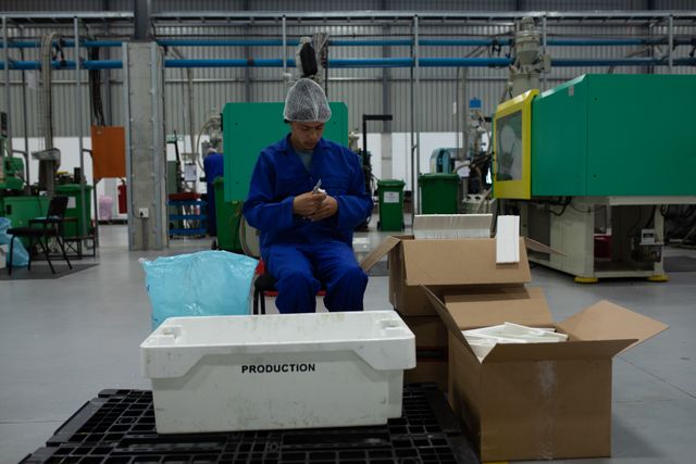 Front view of a focused biracial male worker busy working in a factory warehouse, wearing a hair net and overalls, sitting preparing and packing plastic parts in a cardboard box