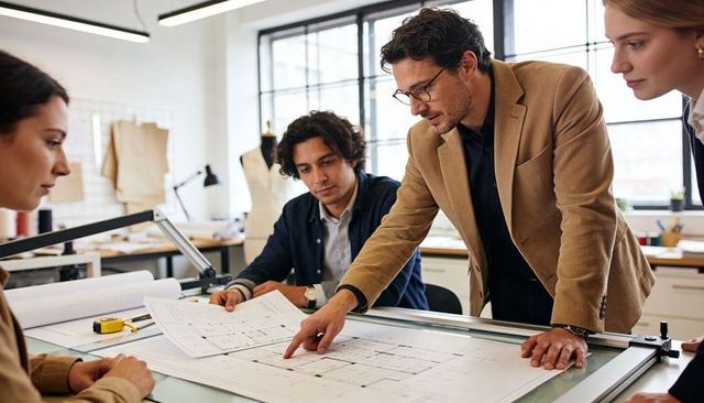 Lead designer guiding team reviewing architectural blueprints in studio collaboration