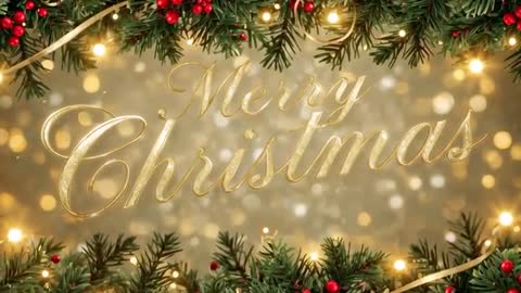 Gold Merry Christmas Script Animation with Bokeh Lights and Pine Garland Holiday Loop