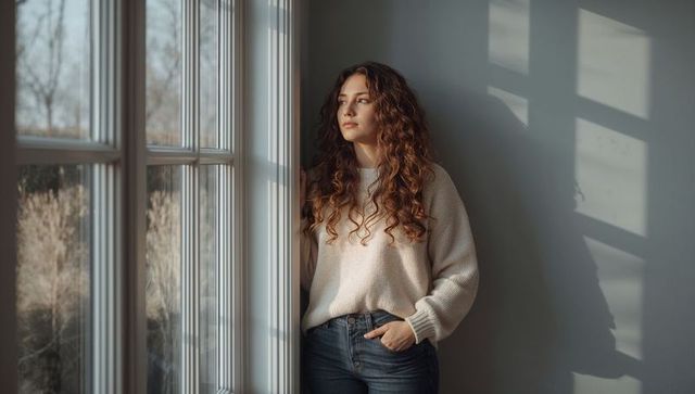 Contemplative woman gazing through multi-pane window, sunlit interior, cream sweater