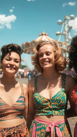 Three friends linking arms and smiling by vintage carousel at sunny fairground Vertical video