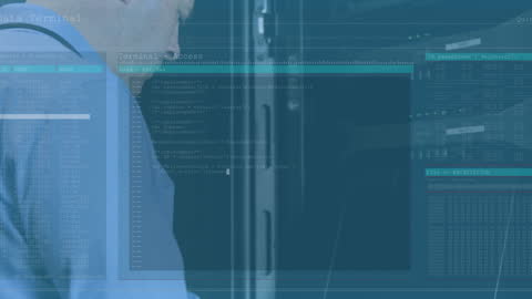 IT Technician Monitoring Server with Digital Data Overlay