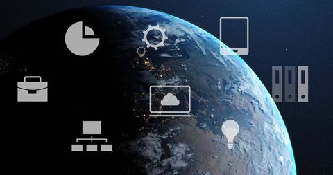 Planet Earth with Digital Interface Icons Representing Technology and Innovation