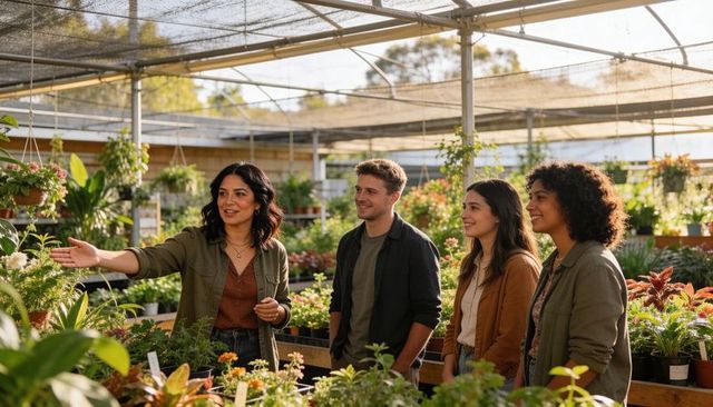 Nursery guide pointing and explaining potted plants while group browsing greenhouse benches