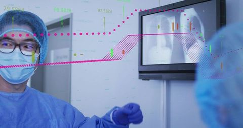 Surgeon pointing at chest X-ray with data overlay, medical imaging analytics and teamwork