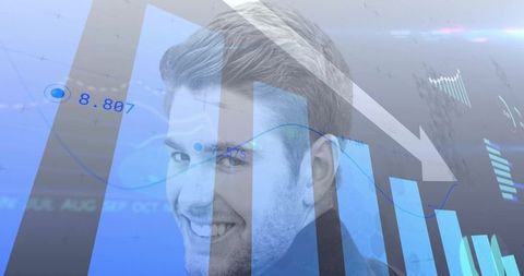 Businessman's Face on Financial Analytics and Downward Trend Charts