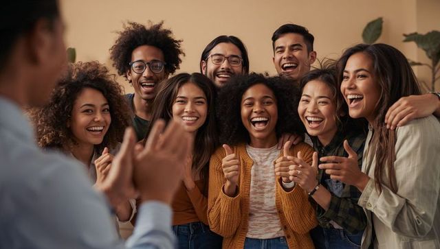 Diverse young adults celebrating with thumbs up and cheering during team applause